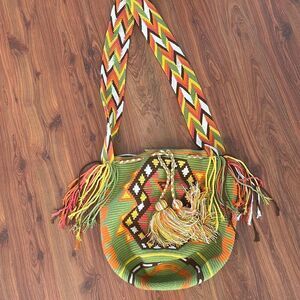 Woven Colombian bucket bag green orange handbag boho good